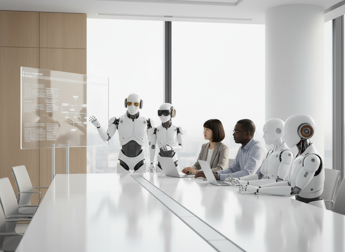 AI agent team presenting to executives in a bright conference room